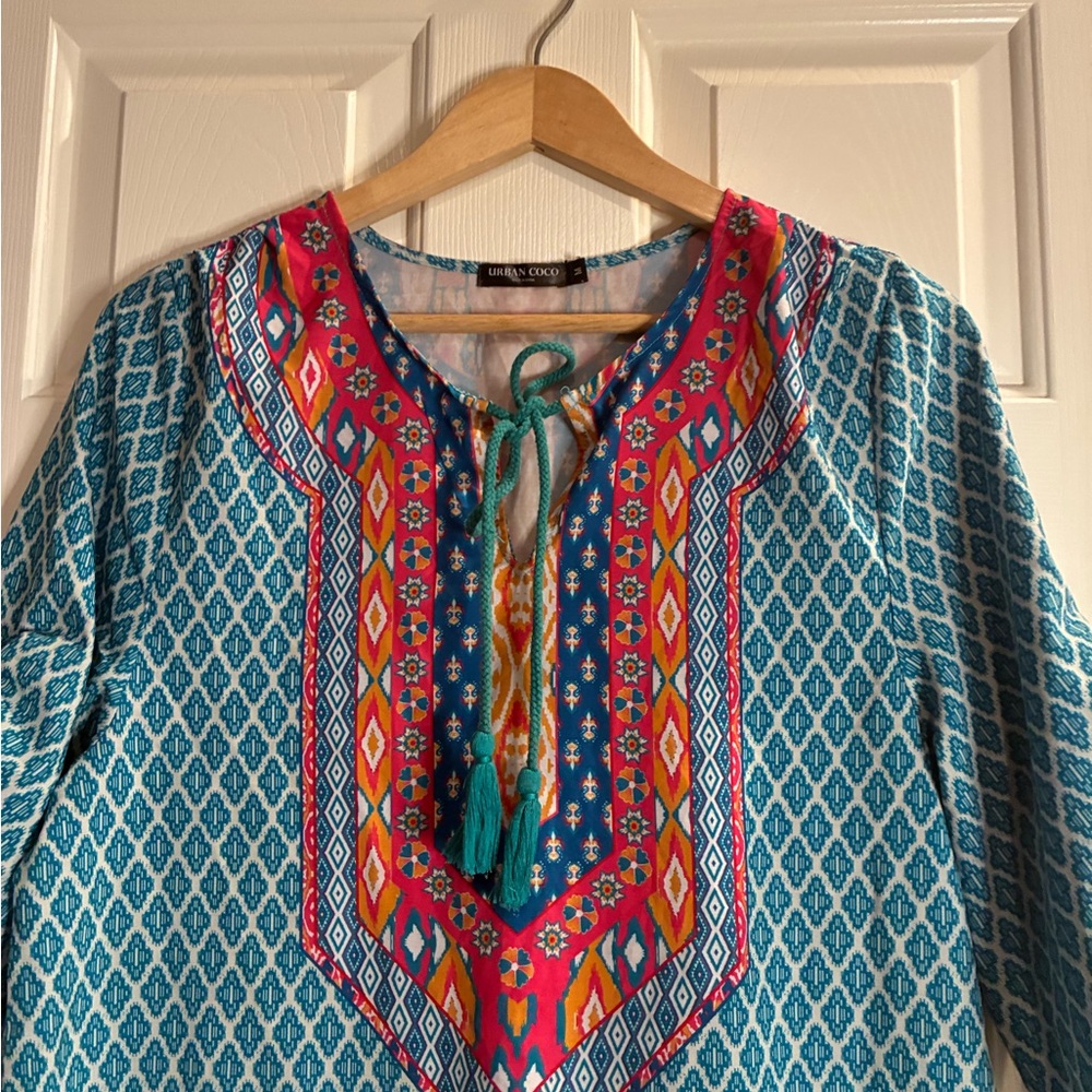Vibrant Blue and Red Patterned Tunic Top - Picture 2 of 8